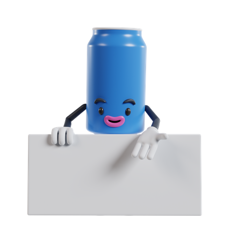 Personaje de latas de bebidas parado detrás de una pancarta blanca y mostrando pose con la mano izquierda  3D Illustration