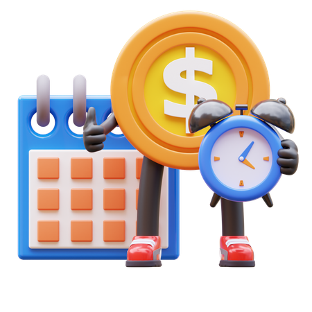 Personaje de moneda de dólar haciendo un cronograma para la fecha límite  3D Illustration