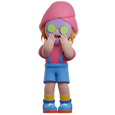 Personaje de niña con máscara de pepino  3D Illustration