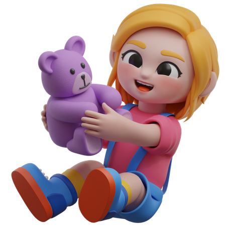 Personaje de niña con osito de peluche  3D Illustration