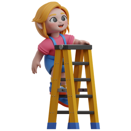 Personaje de niña en una escalera  3D Illustration