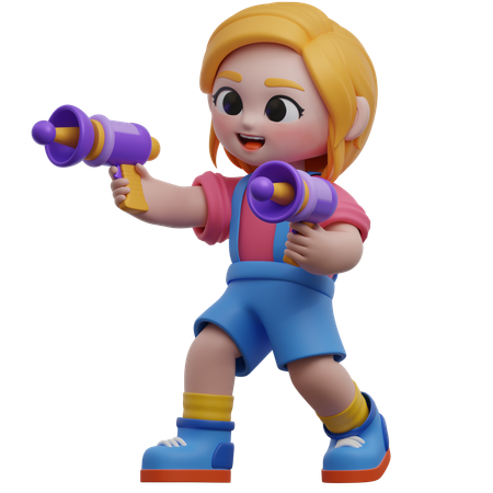 Personaje de niña jugando con juguetes de pistola  3D Illustration