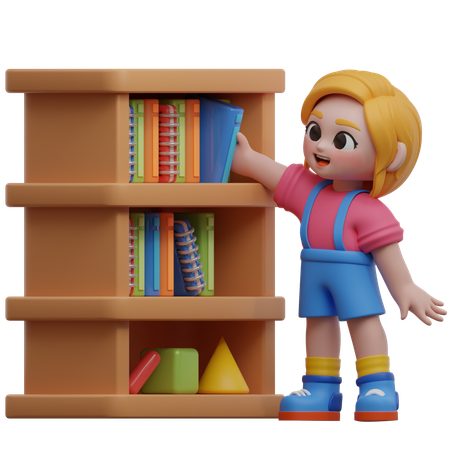 Personaje de niña organizando libros en un estante  3D Illustration