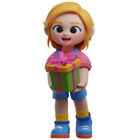 Personaje de niña sosteniendo una caja de regalo  3D Illustration