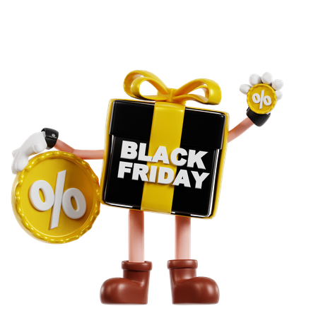 Personaje de regalo de viernes negro con insignia de descuento  3D Illustration