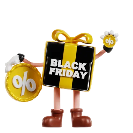 Personaje de regalo de viernes negro con insignia de descuento  3D Illustration