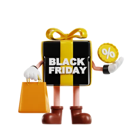 Personaje de regalo de viernes negro con insignia de descuento y bolsa de compras  3D Illustration