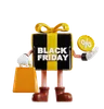 personaje de regalo de viernes negro con insignia de descuento y bolsa de compras