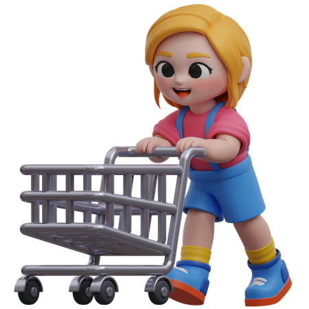 Personaje de niña empujando un carrito de compras  3D Illustration