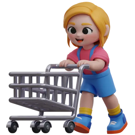 Personaje de niña empujando un carrito de compras  3D Illustration