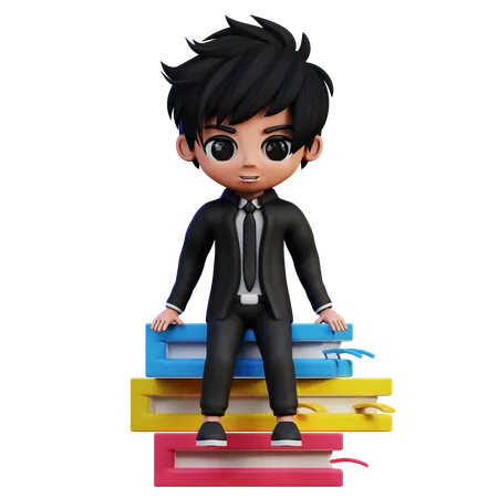 Personaje de empresario sentado en un libro  3D Illustration