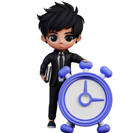 Personaje de empresario trae un libro y un reloj  3D Illustration