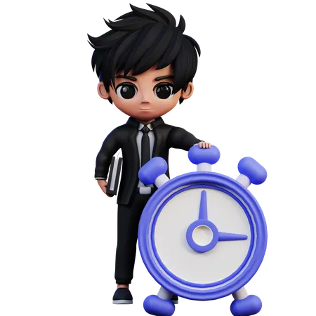 Personaje de empresario trae un libro y un reloj  3D Illustration