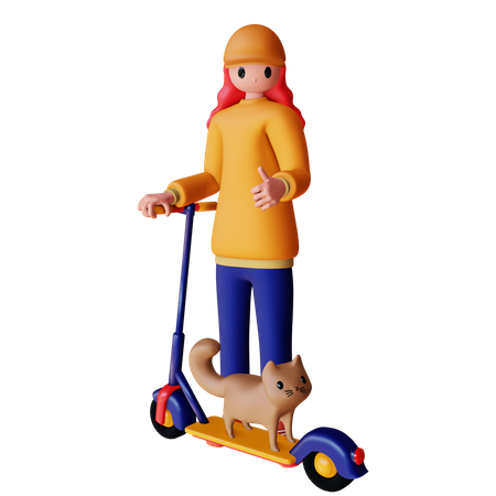 Personaje femenino montando scooter eléctrico con gato.  3D Icon