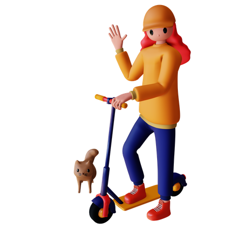 Personaje femenino montando scooter eléctrico con gato.  3D Icon