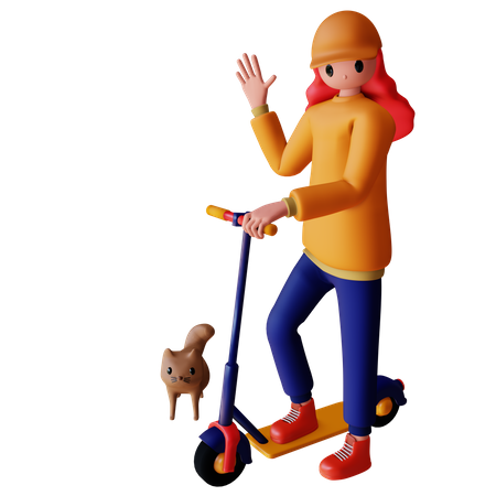 Personaje femenino montando scooter eléctrico con gato.  3D Illustration