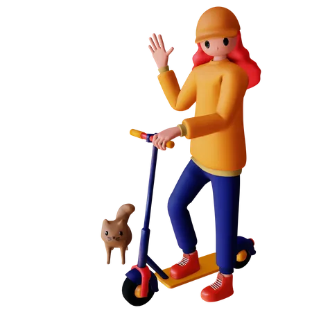 Personaje femenino montando scooter eléctrico con gato.  3D Illustration