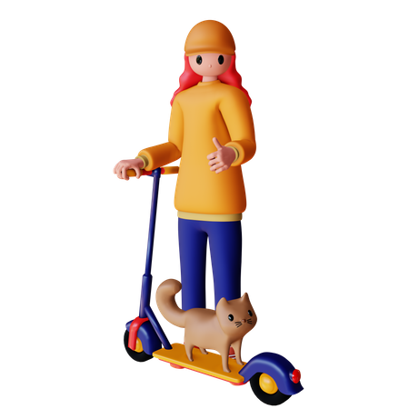 Personaje femenino montando scooter eléctrico con gato.  3D Illustration