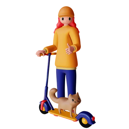 Personaje femenino montando scooter eléctrico con gato.  3D Illustration