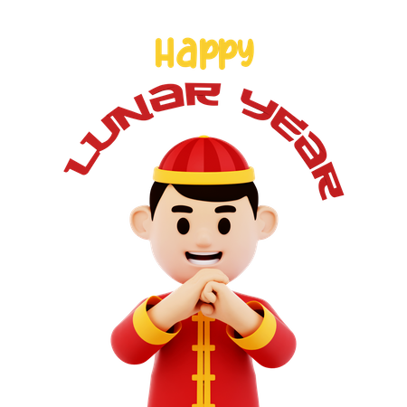 Carácter de hombre chino saludando feliz año lunar  3D Illustration