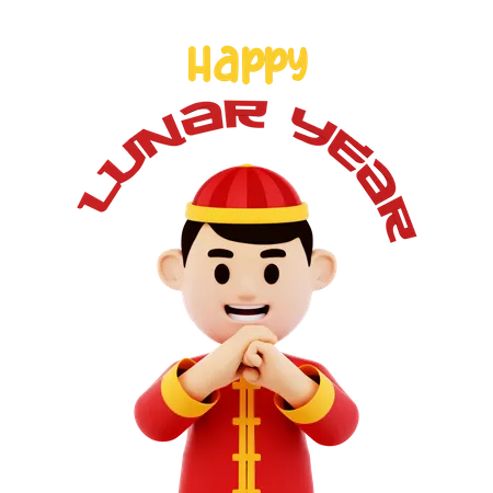 Carácter de hombre chino saludando feliz año lunar  3D Illustration