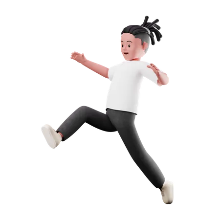 Personaje de niño joven con pose de salto de longitud  3D Illustration
