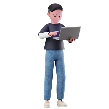 Personaje de niño joven usando una computadora portátil  3D Illustration