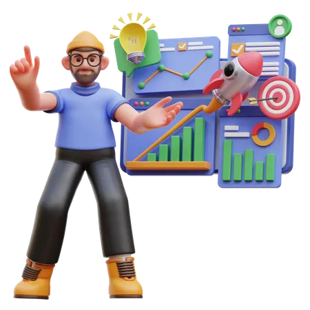 Personaje masculino con análisis de datos visual  3D Illustration