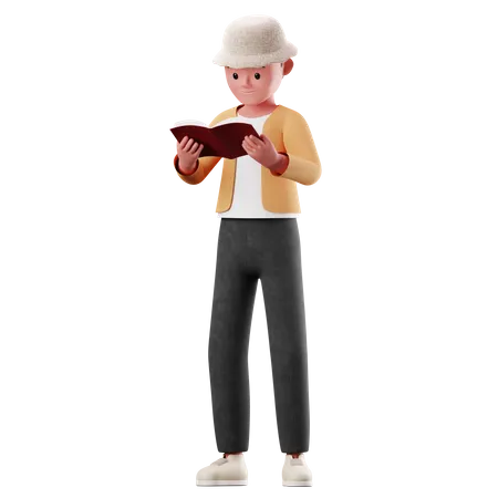 Personaje masculino leyendo una pose de libro  3D Illustration