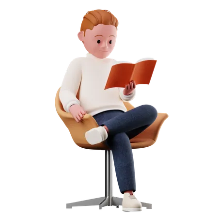 Personaje masculino sentado en una silla y leyendo un libro  3D Illustration