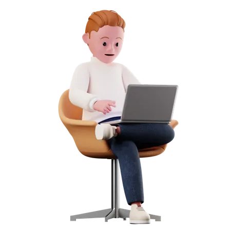 Personaje masculino sentado en una silla y usando una computadora portátil  3D Illustration