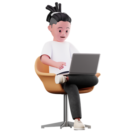 Personaje masculino sentado y usando laptop  3D Illustration