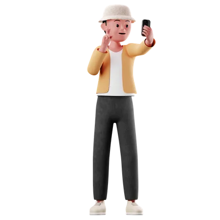 Personaje masculino tomándose una selfie  3D Illustration