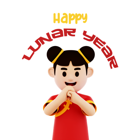 Carácter de mujer china saludando feliz año lunar  3D Illustration