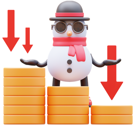 Personaje de muñeco de nieve que muestra un gráfico de dinero cayendo  3D Illustration