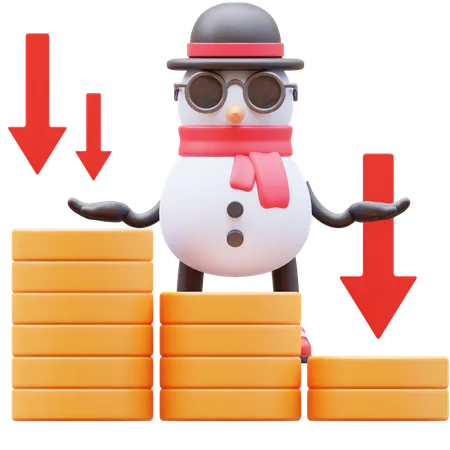 Personaje de muñeco de nieve que muestra un gráfico de dinero cayendo  3D Illustration