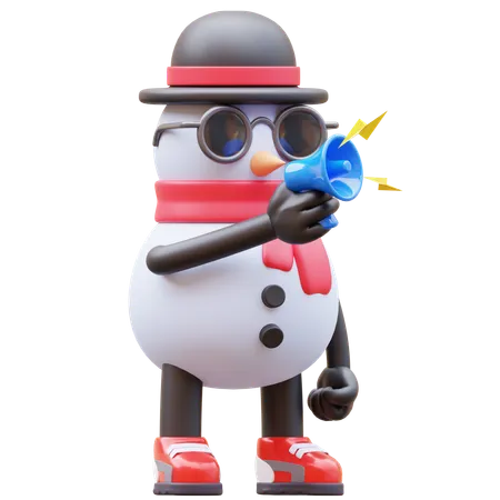 Personaje de muñeco de nieve con megáfono para marketing  3D Illustration