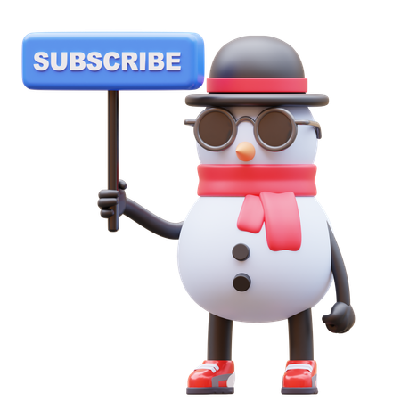 Personaje de muñeco de nieve con cartel de suscripción  3D Illustration
