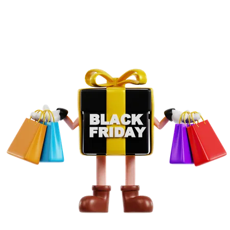 Personaje de regalo de viernes negro con bolsas de compras  3D Illustration