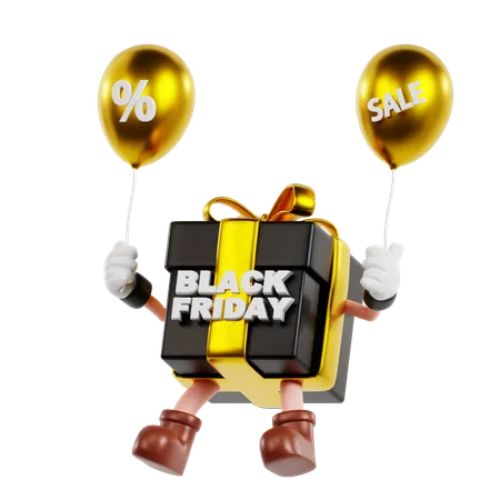 Personaje de regalo de viernes negro con globos de descuento  3D Illustration