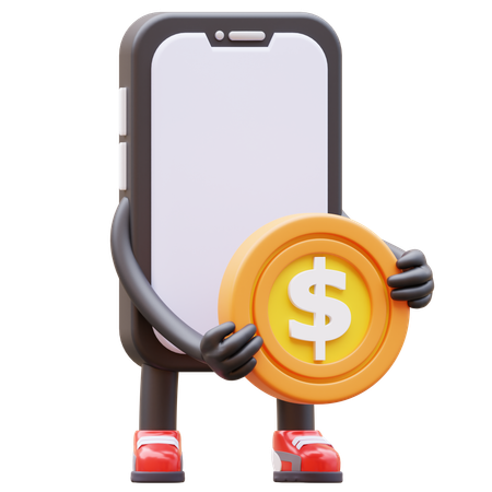 Personaje de teléfono inteligente con moneda  3D Illustration