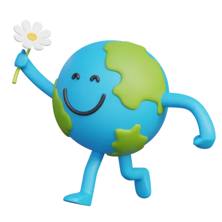 Personaje de la Tierra sosteniendo una flor en la mano  3D Illustration