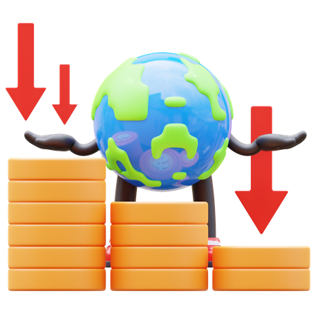 Carácter de la tierra que muestra el gráfico del dinero cayendo  3D Illustration