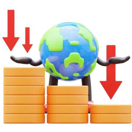 Carácter de la tierra que muestra el gráfico del dinero cayendo  3D Illustration