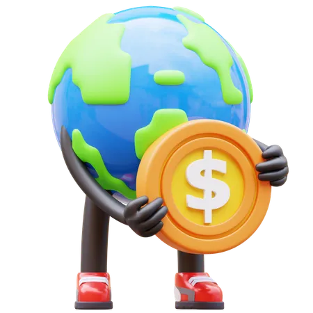 Personaje de tierra sosteniendo moneda  3D Illustration