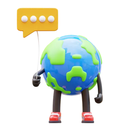 Personaje de tierra sosteniendo globo de comunicación  3D Illustration