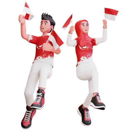 Personas sosteniendo la bandera de Indonesia en el Día de la Independencia  3D Illustration