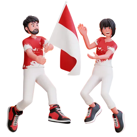 Personas sosteniendo la bandera de Indonesia en el Día de la Independencia  3D Illustration