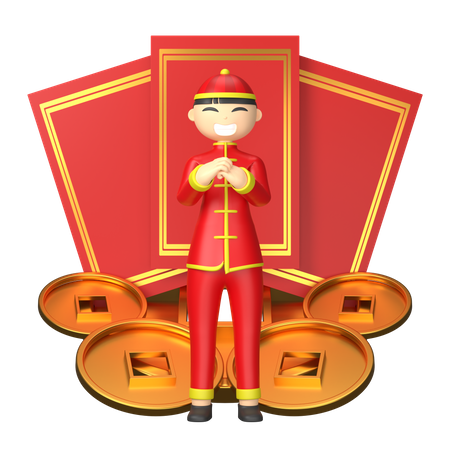Caractère chinois avec des cartons rouges  3D Illustration