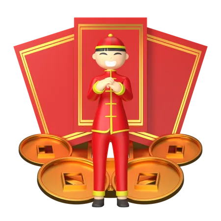Caractère chinois avec des cartons rouges  3D Illustration